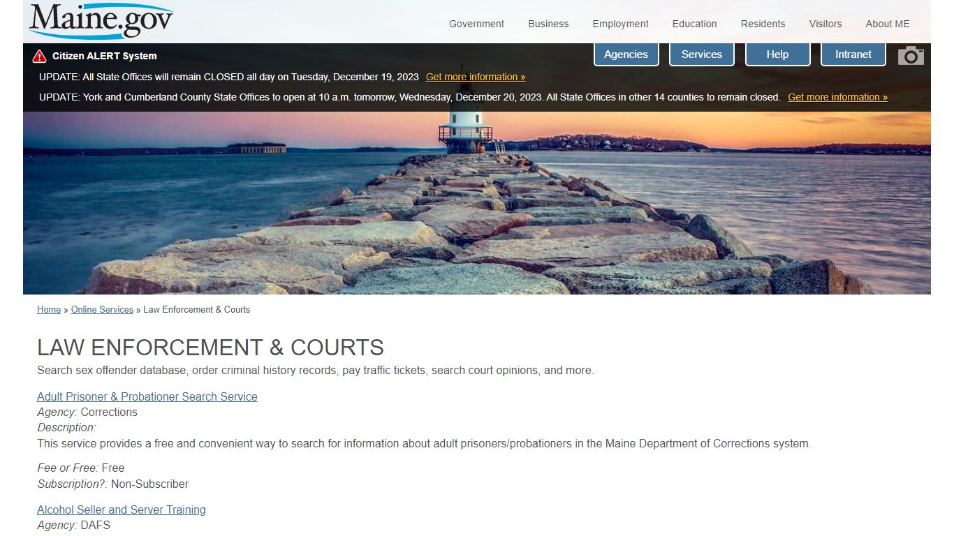 Maine.gov: Online Services: By Category: Law Enforcement & Courts